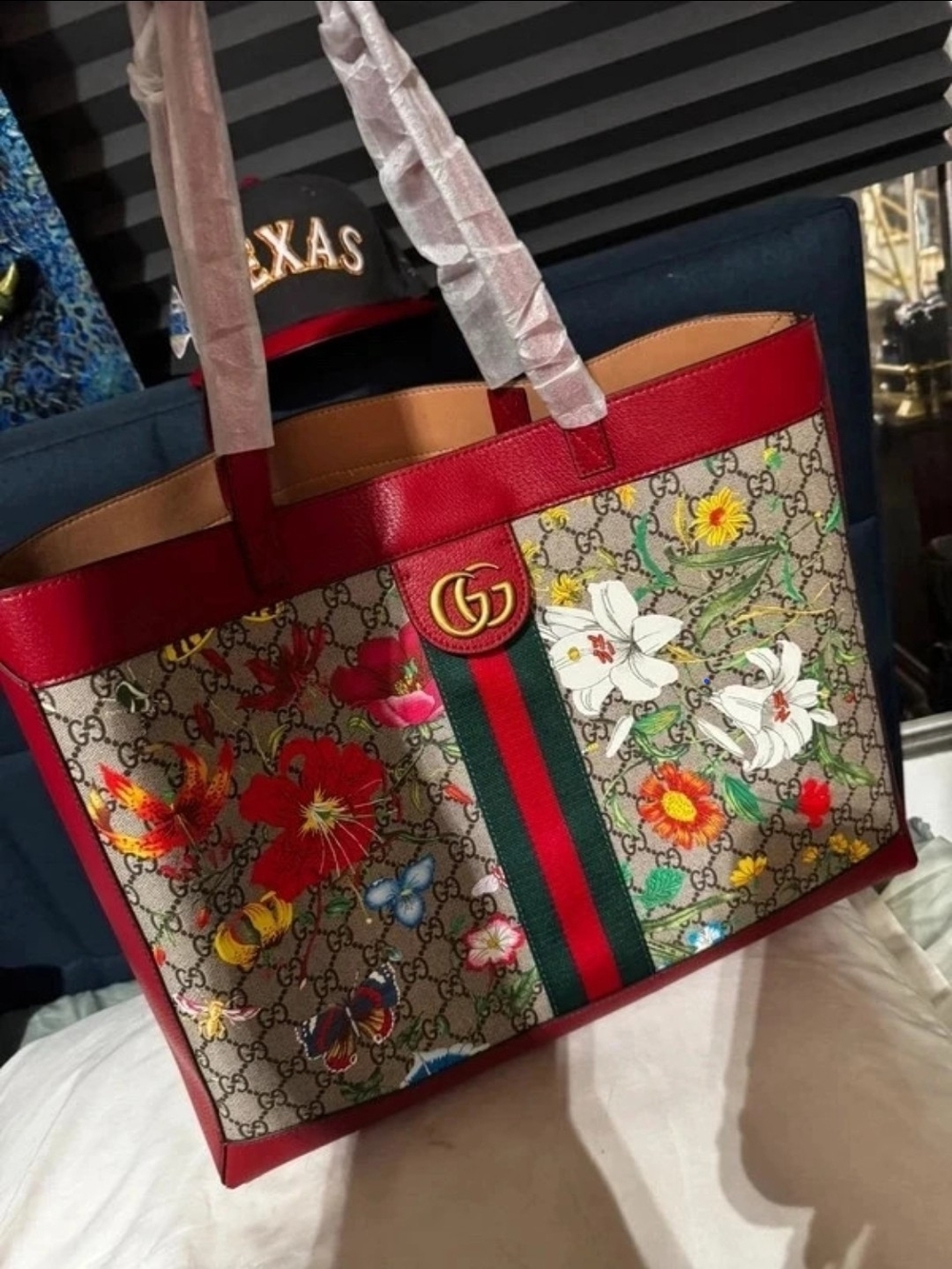 Gucci Floral GG Supreme Tote with Red Trim and Web Stripe
